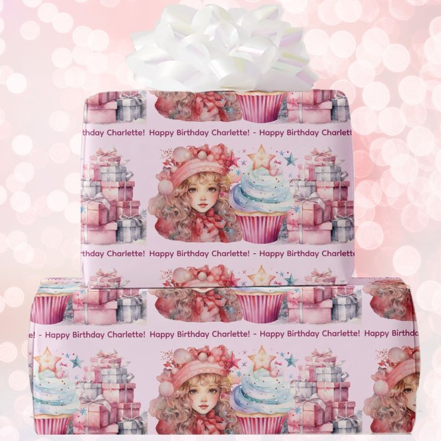 Grattis på födelsedagen Add Girl's Namn Cute Rosa  Presentpapper (Skapare uppladdad)