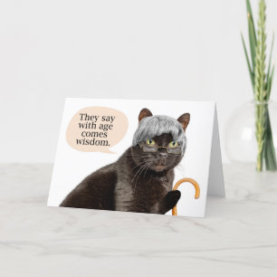 Grattis på födelsedagen äldre katt i Grått Wig med Helgkort