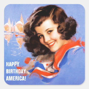 Grattis på födelsedagen, Amerika. 4:e juli Retro P Fyrkantigt Klistermärke