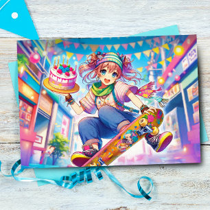 Grattis på födelsedagen Anime Girl på Skateboard Kort
