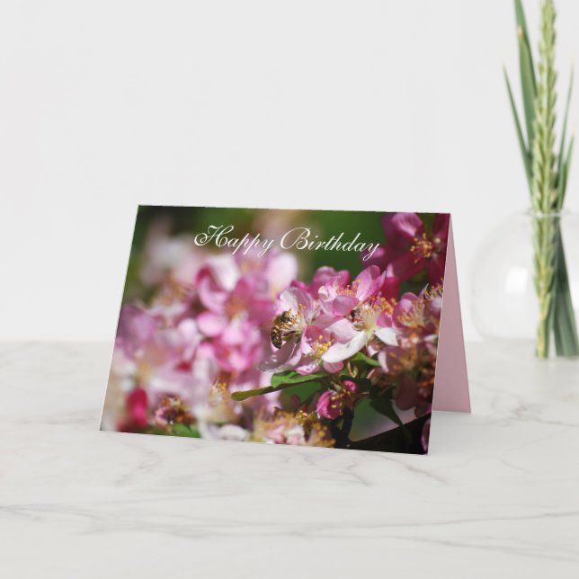 Grattis på födelsedagen äpple-Blommar, honungsbin Kort (Framsida)