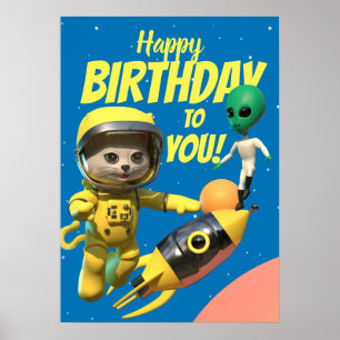 Grattis på födelsedagen Astronaut och Alien Roligt Poster