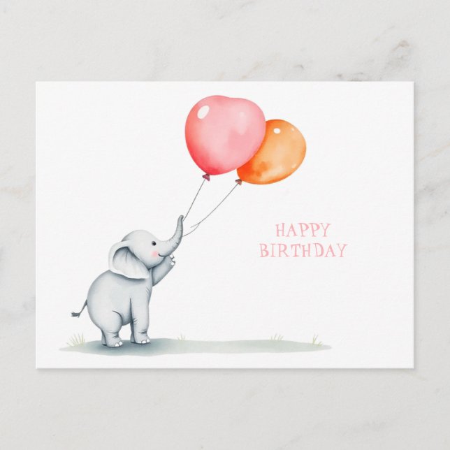 Grattis på födelsedagen. baby elefant med ballonge vykort (Framsida)