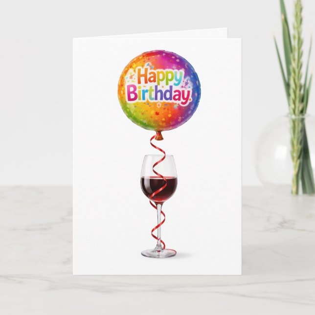 Grattis på födelsedagen ballong och rött vin kort (Framsida)