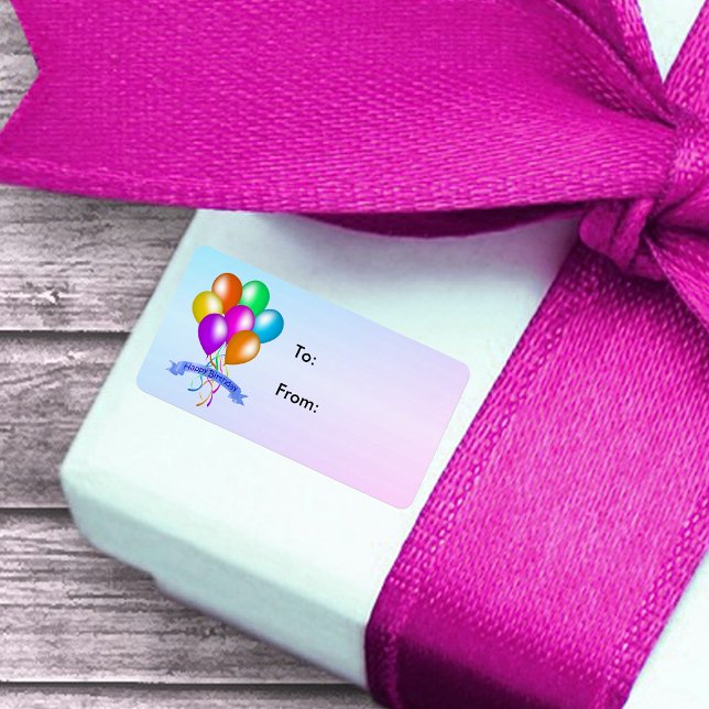 Grattis på födelsedagen-ballonger Många Färg Adressetikett (Colourful balloons and streamers on Happy Birthday blue and pink gift tag stickers.)
