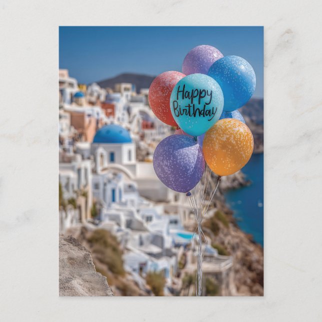 Grattis på födelsedagen Balloons in Santorini, Gre Helg Vykort (Framsida)