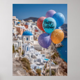 Grattis på födelsedagen Balloons in Santorini, Gre Poster