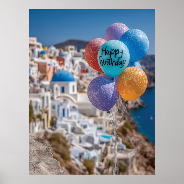 Grattis på födelsedagen Balloons in Santorini, Gre Poster (Framsidan)