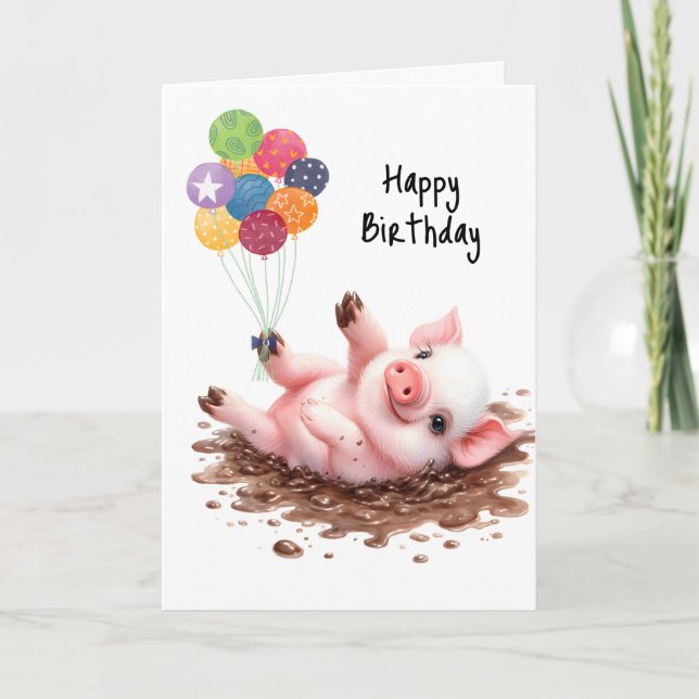 Grattis på födelsedagen Balloons Little Pig Rollin Kort (Framsida)
