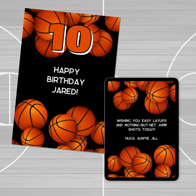 grattis på födelsedagen-basketbollar i idrottsman  kort (front view of printed card and downloaded view of back of card displayed on a tablet)