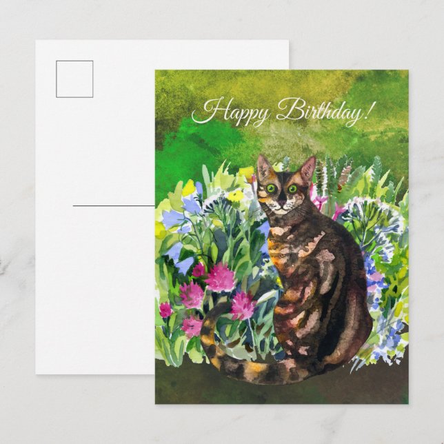 Grattis på födelsedagen Bengalisk katt med blommor Vykort (Fram/baksida)