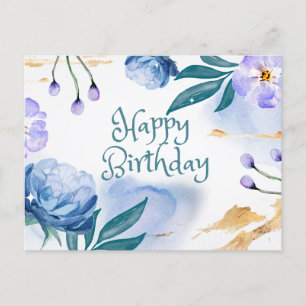 Grattis på födelsedagen Blå och Lila Akvarellblomm Vykort