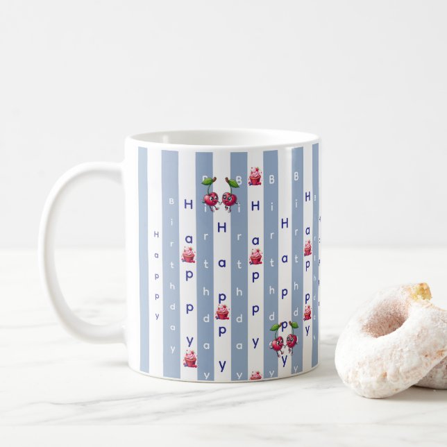 Grattis på födelsedagen Blå & Vit Rand  Kaffemugg (Med munk)