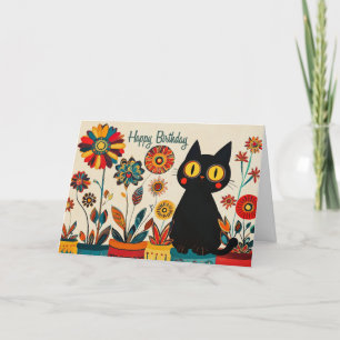 Grattis på födelsedagen Black Cat med blommor Tack Kort