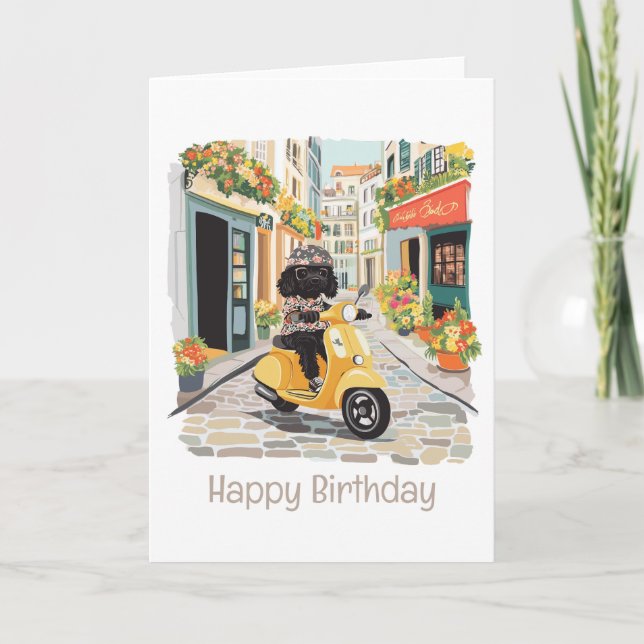 Grattis på födelsedagen Black Doodle Riding Scoote Kort (Framsida)
