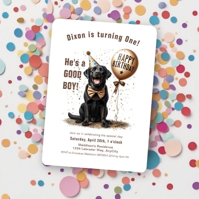 Grattis på födelsedagen Black Labrador Balloon Anp Inbjudningar (black labrador happy birthday balloon party hat confetti invitation)