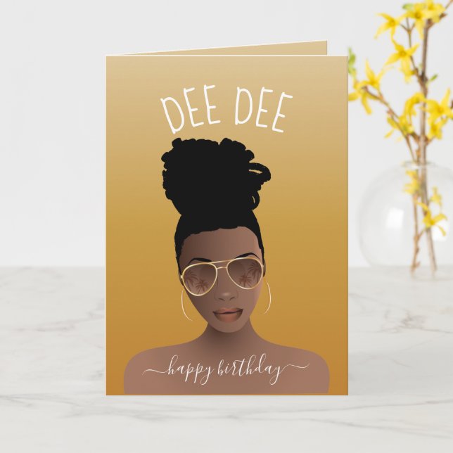 Grattis på födelsedagen, Black Woman w/Shades Guld Kort (Gul blomma)