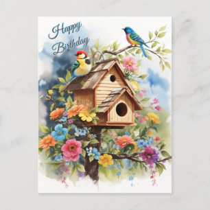 Grattis på födelsedagen Blommig Fågelhus och Fågla Vykort