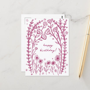 Grattis på födelsedagen Blommig Whimsical Sketch D Vykort