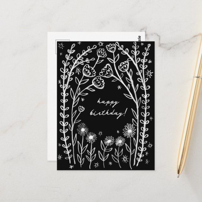 Grattis på födelsedagen Blommig Whimsical Sketch K Vykort (Fram/Back In Situ)