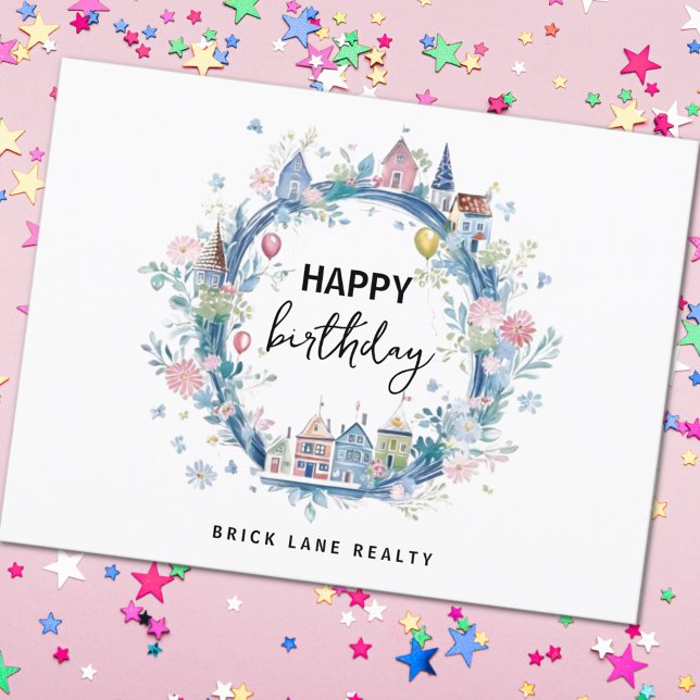 Grattis på födelsedagen Blommiga huskransar Fastig Vykort (Happy Birthday Real Estate Postcard)