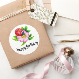 Grattis på födelsedagen Blommigt Ladybug Runt Klistermärke
