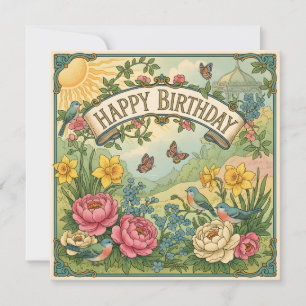 Grattis på födelsedagen blommor, fåglar och fjäril kort