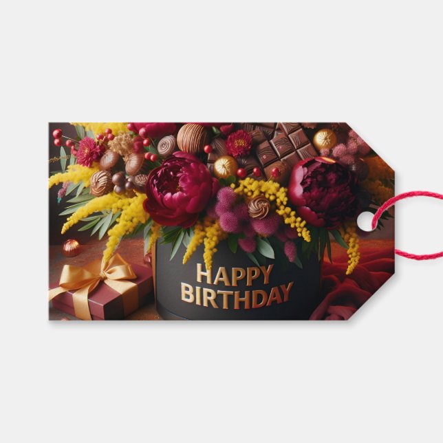 Grattis på födelsedagen, blommor och choklad, av N Presentetikett (Framsidan (Horisontell))