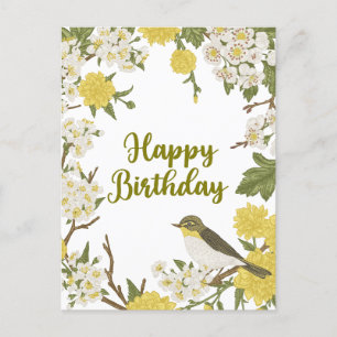 Grattis på födelsedagen Blommor och Fågel Botanisk Vykort