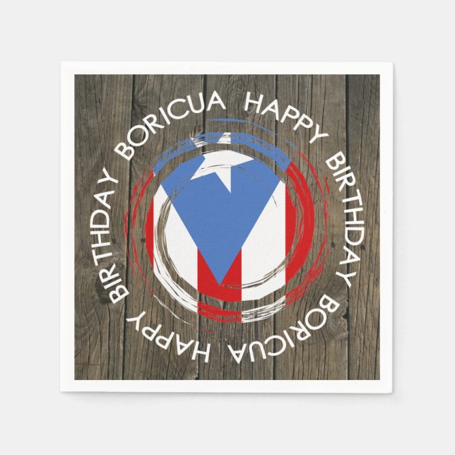 Grattis på födelsedagen Boricua-tema på rustik trä Pappersservett (Framsidan)