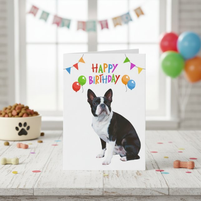 Grattis på födelsedagen Boston Terrier Balloons an Kort (Happy Birthday Boston Terrier Balloons and Banner Card)