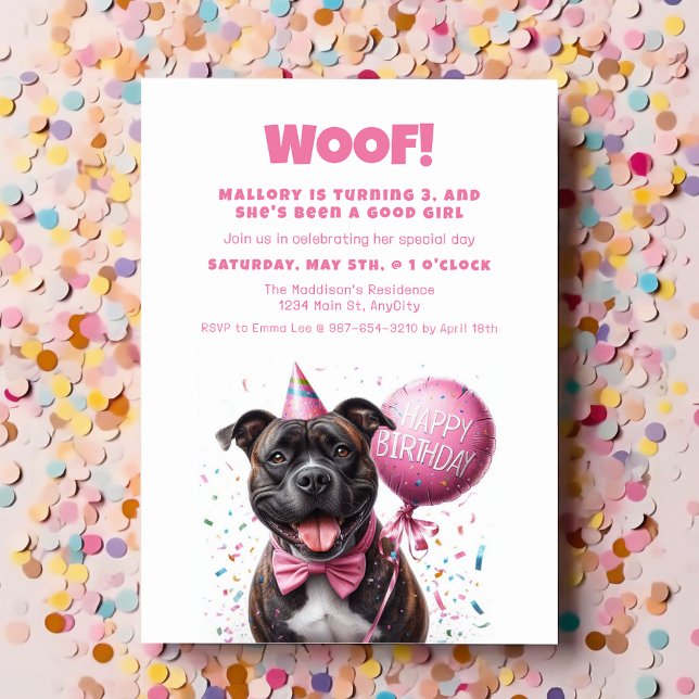 Grattis på födelsedagen Boxer med Rosa Balloon Anp Inbjudningar (Happy Birthday Boxer Dog wearing party hat for a Party Invitation Balloon with confetti)