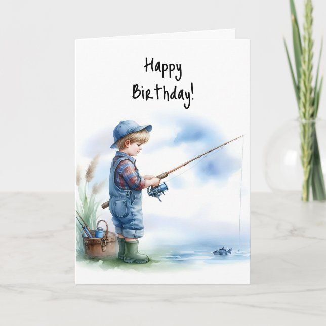 Grattis på födelsedagen Boy Fishing Pond Blue Hat  Kort (Framsida)