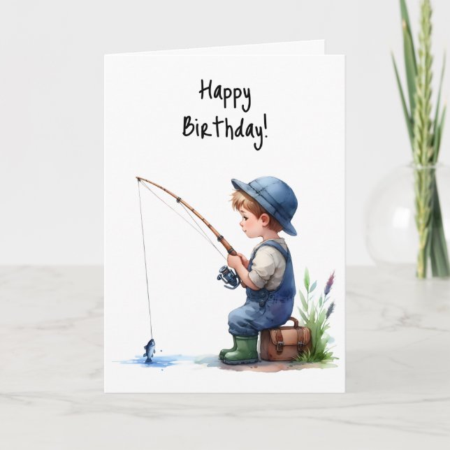 Grattis på födelsedagen Boy Fishing Pond Overalls  Kort (Framsida)