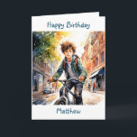 Grattis på födelsedagen | Boy on Bike in City Pers Kort<br><div class="desc">Cute personlig-födelsedagskort för en pojke. Han cyklar på stadens gator.</div>