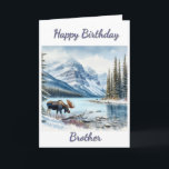 Grattis på födelsedagen Brother Moose in Winter Kort<br><div class="desc">Det här hälsningskortet var designat för din bror. Men om du föredrar en annan typ av kort kan du anpassa med din egen text eller bild. Utformningen på detta kort har en vattenfärgsfärg AI-målning av vuxen bull moose på vintern.</div>
