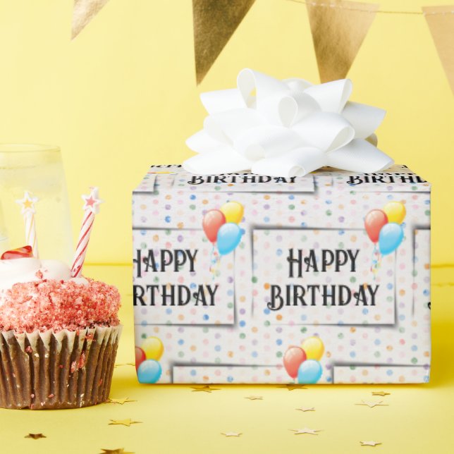 Grattis på födelsedagen-bubblor på punkter presentpapper (Födelsedagsfest)