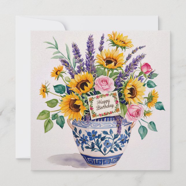 Grattis på födelsedagen & bukett blommor  semester julkort (Framsida)