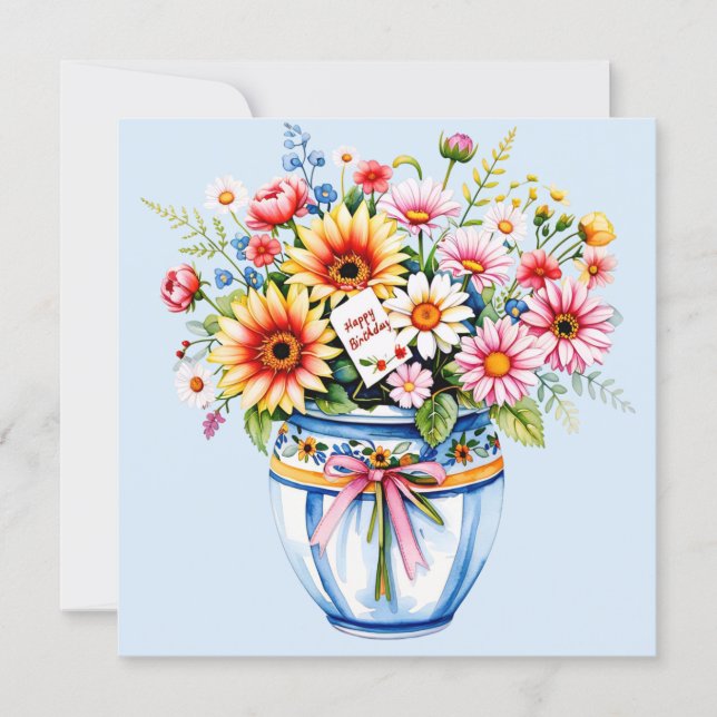 Grattis på födelsedagen & bukett blommor  semester julkort (Framsida)