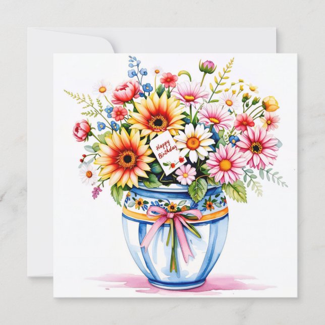 Grattis på födelsedagen & bukett blommor  semester julkort (Framsida)