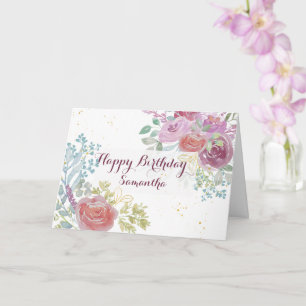 Grattis på födelsedagen Burgundy blommigt vattenfä Kort