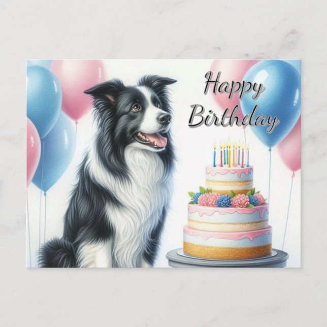 Grattis på födelsedagen Cake Balloons Gräns Collie Vykort (Framsida)