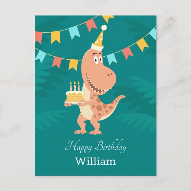 Grattis på födelsedagen Cake Candles Cute Dinosaur Vykort (Framsida)