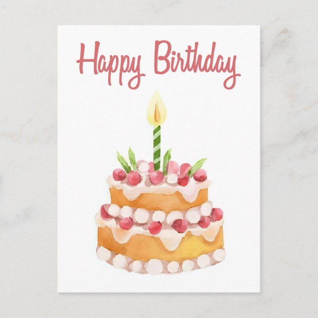 Grattis på födelsedagen Cake | Vattenfärgsjordgubb Vykort (Framsida)