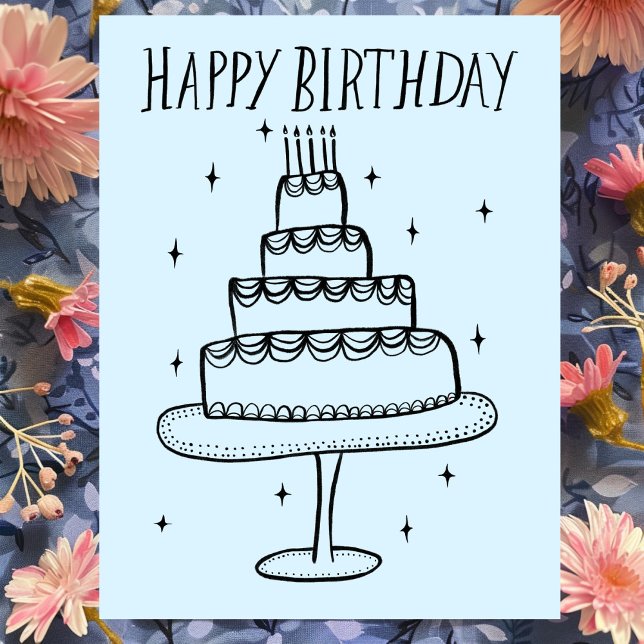 Grattis på födelsedagen Cake Whimsical Sketch Dood Vykort (Happy Birthday Cake Whimsical Sketch Doodle Postcard
)