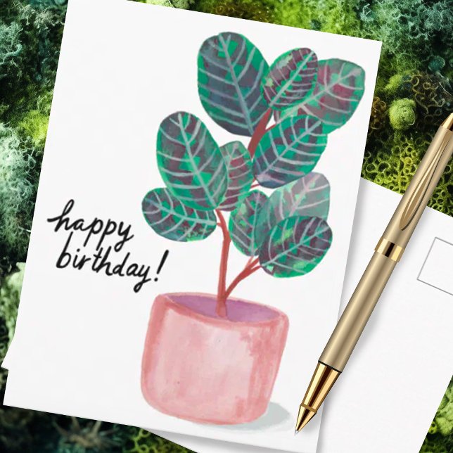 Grattis på födelsedagen Calathea Prayer Plant Akva Vykort (Watercolor plant with message of happy birthday, customize this postcard)