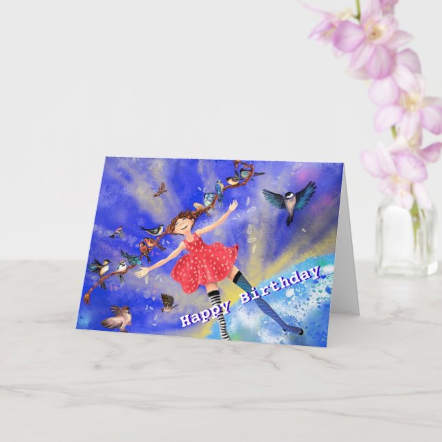 Grattis på födelsedagen Card-flicka med fåglar - d Kort (Orkide)