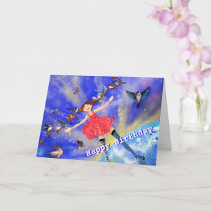 Grattis på födelsedagen Card-flicka med fåglar - d Kort