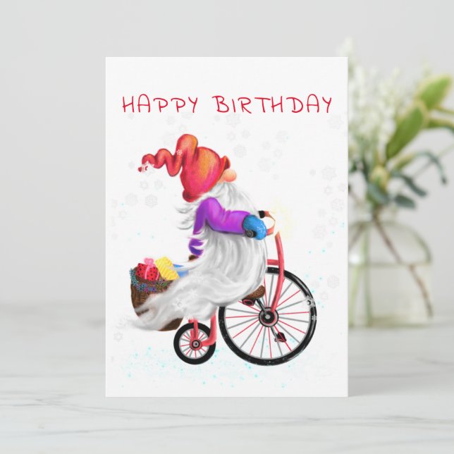 Grattis på födelsedagen Card Gnome med Bike and Gi (Stående Fram)