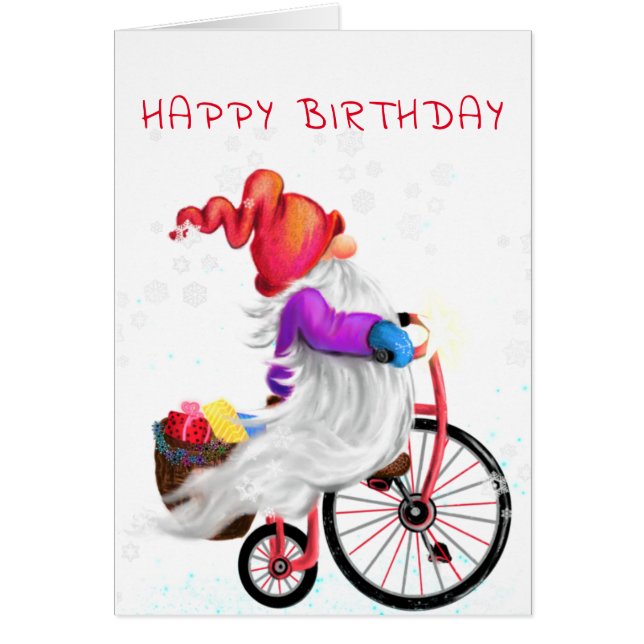 Grattis på födelsedagen Card Gnome med Bike and Gi Hälsningskort (Framsidan)